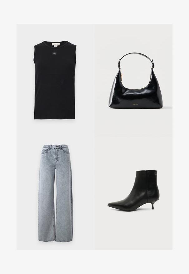 Zwart mouwloos, geribbeld tanktop met ronde hals en een klein Calvin Klein-logoplaatje in het midden onder de kraag.; Licht gewassen denim wijde pijpen jeans met een hoge tailleband, voorzien van voorzakken, riemlussen en contrasterende stiksels.; Zwart leren enkellaars met puntige neus en lage kittenhak op lichte achtergrond, zijaanzicht buitenkant.; Zwarte glanzende Calvin Klein handtas met gouden rits en korte band tegen een effen witte achtergrond.