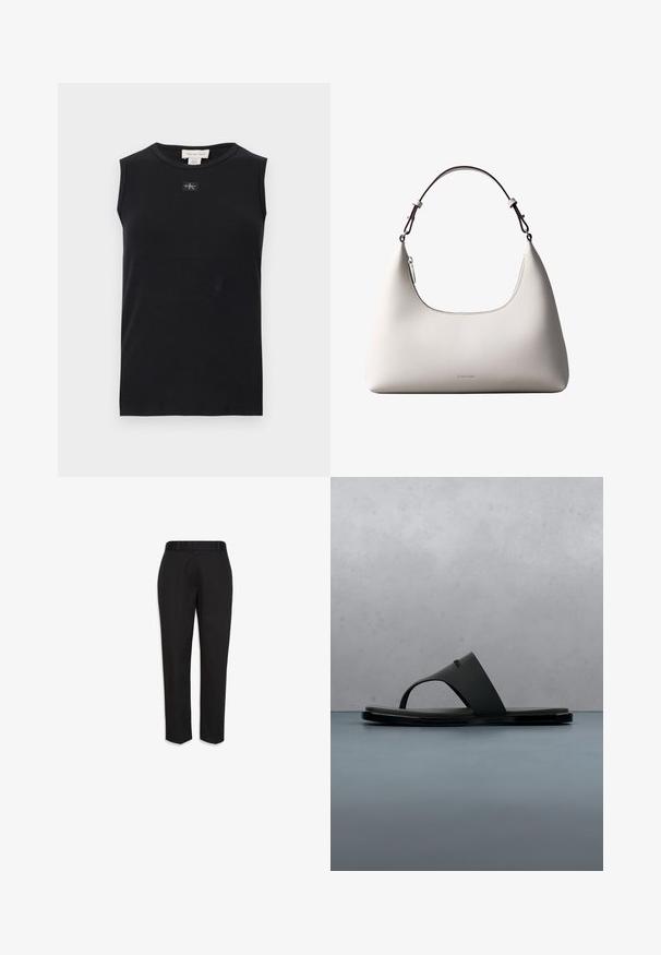 Čierne rebrované tielko bez rukávov s okrúhlym výstrihom a malou nášivkou s logom Calvin Klein umiestnenou v strede pod golierom.; Čierne na mieru ušité spoločenské nohavice s opaskovými pútkami, rovnými nohavicami a vyžehlenými záhybmi, zobrazené na bielom pozadí.; Čierna žabková sandála Calvin Klein vznášajúca sa nad drevenými lamelami s malými kameňmi vonku, na pozadí rozmazaná zeleň a betónová stena.; Krémová kožená kabelka Calvin Klein cez rameno s oblým horným okrajom, strieborným zipsom a tmavo hnedým nastaviteľným remienkom.