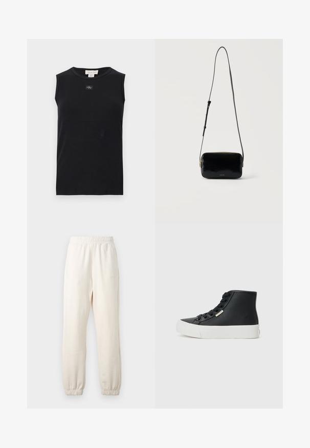 Sort ærmeløs ribstrikket tanktop med rund halsudskæring og lille Calvin Klein-logo, der er placeret centralt under kraven.; Kremfarvede joggingbukser med elastisk linning og manchetter, vist fladt mod en lys baggrund.; Svarte høje sneakers lavet af glat læder med en hvid gummisål. Har snørehuller til snørebånd og et lille brandlogo på siden.; Lille sort rektangulær crossbody taske med en lang justerbar strop og guld lynlås, Calvin Klein logo foran.