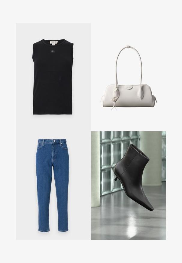 Zwart mouwloos, geribbeld tanktop met ronde hals en een klein Calvin Klein-logoplaatje in het midden onder de kraag.; Blauwe denim jeans met een hoge taille, ritssluiting, vijf zakken, rechte pijpen en een subtiele vervaagde textuur, afgewerkt met een nette zoom.; Zwarte leren enkellaars met puntige neus en lage hak, afgebeeld tegen een glazen blokkenmuur en gepolijste vloer op de achtergrond.; Witte Calvin Klein schoudertas met lange hengsels, rechthoekige vorm, ritssluiting en decoratieve logohanger bij het hengsel.