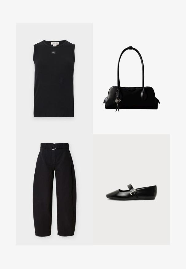 Débardeur côtelé noir sans manches avec encolure ronde et petite écusson du logo Calvin Klein centré sous le col.; Pantalon large noir en coton, doté d'une ceinture à boucle avec anneau métallique et poches latérales. Texture lisse au design minimaliste.; Chaussure plate Mary Jane en cuir noir avec bout arrondi et bride à boucle argentée sur fond uni.; Sac à main en cuir noir Calvin Klein avec de longues anses, une étiquette logo à l'avant et un charme géométrique argenté suspendu à une anse.