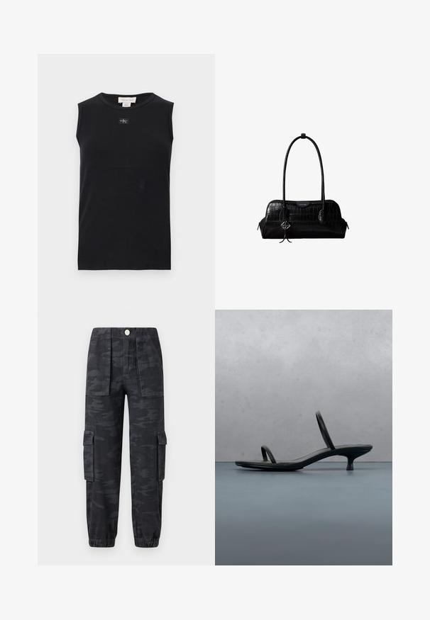 Schwarzes, ärmelloses, geripptes Tanktop mit rundem Ausschnitt und kleinem Calvin Klein Logo-Patch mittig unter dem Kragen.; Cargo-Hosen im dunklen Camouflage-Muster, mit elastischem Bund, seitlichen Taschen und überschnittenen Säumen. Hergestellt aus strapazierfähigem Stoff.; Schwarze Calvin Klein Sandalette mit dünnen Riemen und Absatz, balanciert auf Holzfliesen im Freien neben einer Wand und Grünpflanzen.; Schwarze Umhängetasche aus krokodilstrukturiertem Leder mit langen Riemen und einem kleinen silbernen Logocharm an einem Riemen.