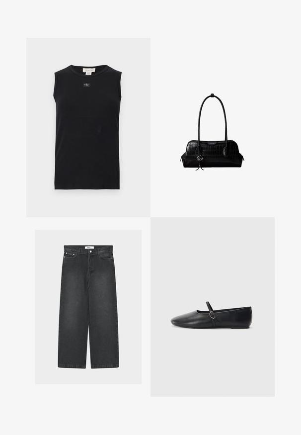 Schwarzes, ärmelloses, geripptes Tanktop mit rundem Ausschnitt und kleinem Calvin Klein Logo-Patch mittig unter dem Kragen.; Schwarze weite Denim-Hose mit hoher Taille, vorderen Taschen und Knopfverschluss. Verfügt über einen Tunnelzug in der Taille und eine glatte Textur.; Schwarze Leder-Ballettschuhe mit spitzem Schuhzeug, flacher Sohle und einem kleinen Riemen mit silberner Schnalle.; Schwarze Umhängetasche aus krokodilstrukturiertem Leder mit langen Riemen und einem kleinen silbernen Logocharm an einem Riemen.