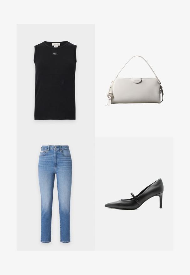 Sort ærmeløs ribstrikket tanktop med rund halsudskæring og lille Calvin Klein-logo, der er placeret centralt under kraven.; Lyseblå denimjeans med høj talje, lige ben og subtile lysninger. Har bæltestropper, fem lommer og lukning med metalknap.; Sort læderspids højhælede sko med tynd rem og spænde over vristen, stående på en neutral lys baggrund.; Hvid rektangulær Calvin Klein håndtaske med enkelt håndtag, minimalistisk design og dekorative kvaster med geometrisk metalvedhæng på siden.
