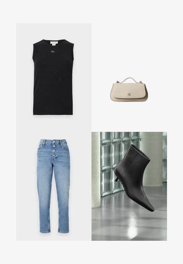 Čierne rebrované tielko bez rukávov s okrúhlym výstrihom a malou nášivkou s logom Calvin Klein umiestnenou v strede pod golierom.; Úzke džíny vyrobené z svetlomodrého denimu, s vysokým pásom, piatimi gombíkmi a rovnými nohavicami s minimálnym opotrebením.; Čierna kožená členková obuv s ostrou špičkou a nízkym podpätkom, zobrazená na pozadí steny zo sklenených blokov a leštenej podlahy.; Malá béžová kožená kabelka s horným držadlom a strieborným logom CK na prednej chlopni, zobrazená na bielom pozadí.