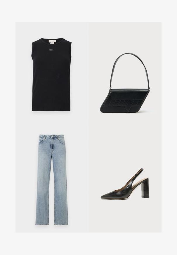 Schwarzes, ärmelloses, geripptes Tanktop mit rundem Ausschnitt und kleinem Calvin Klein Logo-Patch mittig unter dem Kragen.; Helles blau, weit geschnittene Jeans aus Denim. Mit Knopf- und Reißverschluss, Fronttaschen und dezentem Verblassen. Saubere Säume.; Schwarzer Leder-Slingback-Schuh mit spitzer Kappe, hohem Blockabsatz und beigegefüttertem Innenraum vor hellem, einfarbigem Hintergrund.; Schwarze Leder-Umhängetasche mit dreieckiger Form, geprägt mit Logo und einem einzigen verstellbaren Riemen. Minimalistisches Design mit glatter Textur.