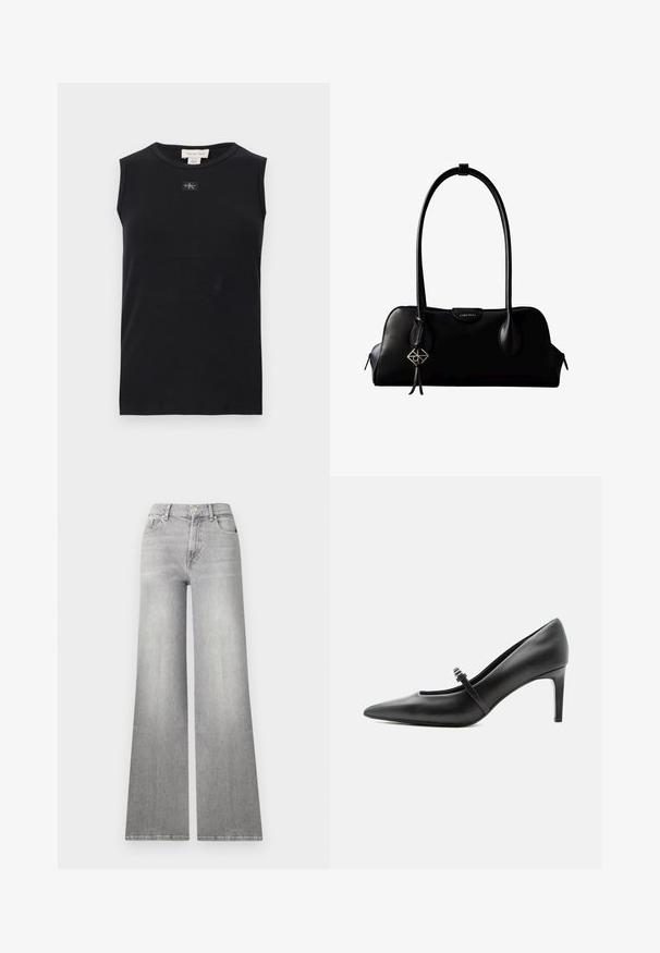 Čierne rebrované tielko bez rukávov s okrúhlym výstrihom a malou nášivkou s logom Calvin Klein umiestnenou v strede pod golierom.; Svetlošedé džínsy s voľnými nohavicami a vyblednutým vzhľadom, predná vrecko a zapínanie na gombík. Má rovný strih nohavíc a klasický lem.; Čierna kožená lodička s špicatou špičkou, tenkým remienkom a prackou cez priehlavok, stojaca na neutrálno svetlom pozadí.; Čierna kožená kabelka Calvin Klein s dlhými rúčkami, prednou značkou s logom a strieborným geometrickým príveskom visiaci na jednej rúčke.