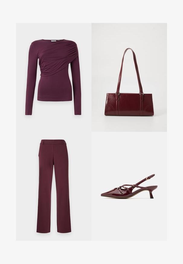 T-shirt à manches longues en bordeaux profond, fabriqué à partir d'un tissu doux. Présente des détails froncés à l'avant et un col rond.; Pantalon bordeaux avec une coupe à jambes droites, fabriqué en tissu lisse, doté d'une ceinture plate et de détails de couture subtils.; Escarpin en cuir verni bordeaux avec nez pointu, petit talon, détails de bride décoratifs et finition brillante.; Sac à main bordeaux en matériau brillant, de forme rectangulaire, avec deux anses et des accents légèrement courbés à l'avant.