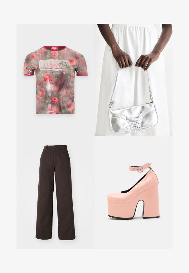 Gennemsigtig t-shirt med korte ærmer, dekoreret med blomsterprint og palietter, rød kant langs udskæringen og en markant hvid logo på fronten.; Brune bredbenede bukser med knaplukning og bæltestropper, lavet af holdbart stof, som har en glat tekstur og rene linjer.; LAMODA POWER TRIP CHUNKY PLATFORM - Pumps - pink; Sølvmetallic håndtaske med snøredetaljer, der har et slankt design og en kort strop. Tasken holdes i hænderne for at fremvise dens tekstur.