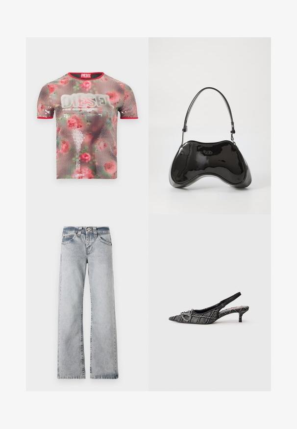 Gennemsigtig t-shirt med korte ærmer, dekoreret med blomsterprint og palietter, rød kant langs udskæringen og en markant hvid logo på fronten.; Lyseblå denimjeans med vid benlængde. Standard talje, fem lomme-stil og synlige syninger langs sømmene.; Sort slingback kittenhæl med spids tå, tekstureret mønster og sølvspænde på hvid baggrund.; Sort patentlæder håndtaske med en unik buet form, kort justerbar hank og en lynlåslukning i toppen. Glat tekstur med diskret branding.