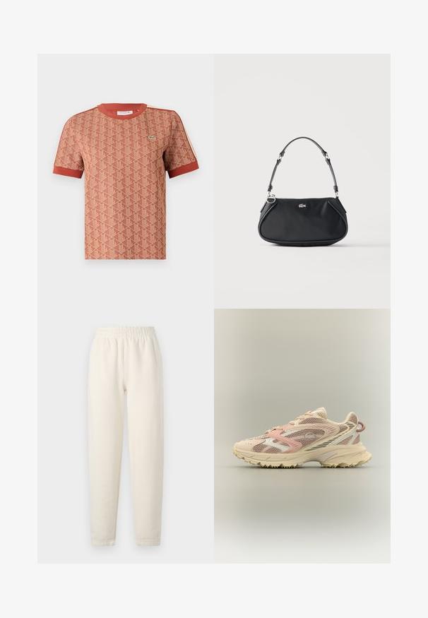 Camiseta de manga corta en terracota con un patrón geométrico texturizado, cuello redondo acanalado y acentos rojos contrastantes en las mangas.; Pantalones de chándal de color crema hechos de una tela suave. Cuentan con una cinturilla elástica y un diseño de perneras ajustadas con detalles de costura sutiles.; Zapatilla de correr con parte superior de malla en tonos rosa, beige y crema, refuerzos sintéticos, suela gruesa y suela texturizada para agarre, vista lateral.; Bolso de hombro negro con correa ajustable, cierre de cremallera y pequeño logo plateado de cocodrilo en el centro delantero.
