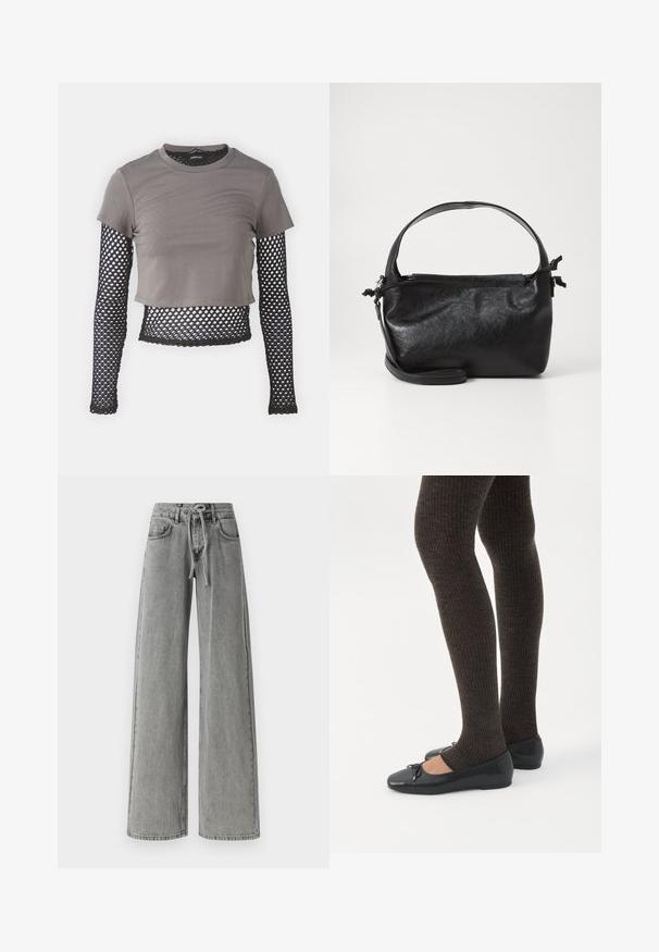 Grå cropped t-shirt med korte ærmer og lange ærmer i sort netstof med diamantmønster og bølget kant.; Bredde grå jeans lavet af denim, med en frontbinding, to sidelommer og en falmet vask. Rent design med minimal syning.; Ben iført mørke ribbede leggings kombineret med sorte balletsko med små sløjfedetaljer på hvid baggrund.; Sort læderhåndtaske med et struktureret design, rund tophåndtag og aftagelig skulderrem. Den har en glat tekstur og en subtil glans.