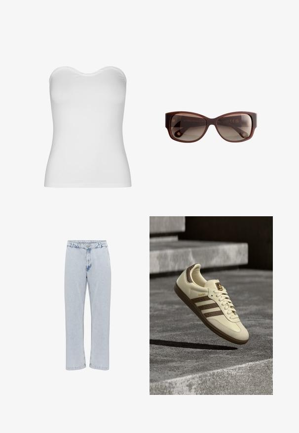 Top blanco sin tirantes, hecho de una tela ligera y elástica. Presenta una textura suave, escote curvado y un diseño ceñido. Sin costuras visibles.; Jeans de mezclilla de color azul claro con un corte recto, que presentan un cierre de botón y cremallera convencional, y una textura ligeramente desgastada.; Zapatilla de color crema con detalles marrones, franjas laterales texturizadas y un acabado de cuero liso. Cuenta con un diseño de cordones y suela de goma.; Gafas de sol rectangulares marrones con montura brillante y lentes oscuros degradados, vistas de frente sobre un fondo blanco.