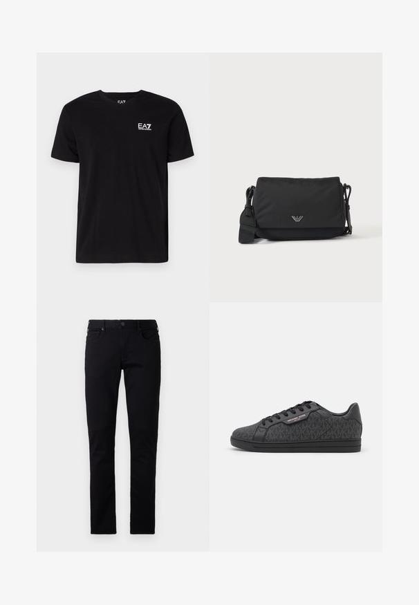 Zwarte katoenen t-shirt met een V-hals en korte mouwen. Voorzien van een wit EA7-logo op de linkerborst. Soepele textuur, standaard pasvorm.; Emporio Armani POCKETS PANT - Slim fit jeans - black denim; Zwarte sneakers met een textuur bovenwerk van stof met een subtiel MK-patroon, zwarte leren accenten en een zwarte rubberen zool.; Zwarte crossbodytas met verstelbare band en klein zilverkleurig logo-embleem op de voorflap, afgebeeld op een effen lichte achtergrond.