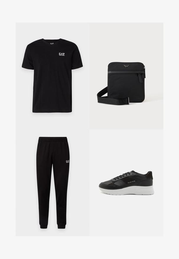 Sort bomulds T-shirt med v-hals og korte ærmer. Har et hvidt EA7-logo på venstre bryst. Glat tekstur, standard pasform.; Sorte sweatpants med elastisk talje, tætsiddende ben og et lille hvidt logo på den øverste venstre side. Glat tekstur og enkelt design.; Sort læder sneaker med ruskindsdetaljer, rund tå, hvid gummisål og syet udsmykning. Logo trykt på siden. Klassisk snørebåndsdesign.; Sort firkantet skuldertaske med lynlås, frontlomme og justerbar rem med præget brandnavn.
