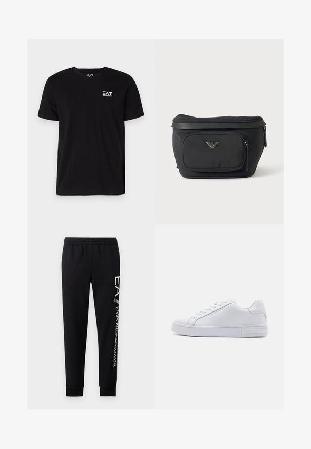 Sort bomulds T-shirt med v-hals og korte ærmer. Har et hvidt EA7-logo på venstre bryst. Glat tekstur, standard pasform.; Sorte sweatpants lavet af en bomuldsblanding, med elastisk talje, smalle ben, ribbede manchetter og hvidt logo print langs siden.; Hvide lædersneakers med en glat overflade, rund tå, snørebånd foran og flad gummisål. Har prægede branding på hælen.; Sort bæltetaske med frontlynlåslomme og sølv ørn-logo, glat stof med tekstureret kant og lynlåstræk.