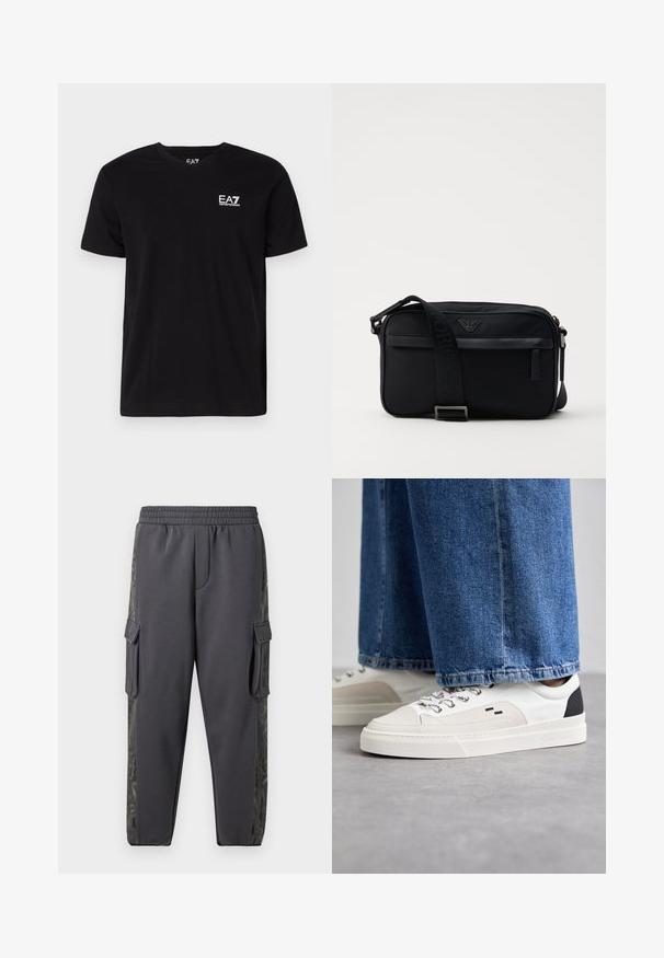 Schwarzes Baumwoll-T-Shirt mit V-Ausschnitt und kurzen Ärmeln. Mit einem weißen EA7-Logo auf der linken Brust. Glatte Textur, normale Passform.; Graue Jogginghosen aus einem weichen Stoff, mit Cargo-Taschen und einem gemusterten Seitenstreifen für zusätzliche Details. Mit elastischem Bund.; Weiße und schwarze Sneaker mit einem Obermaterial aus glattem Leder, strukturierten Akzenten und einer massiven weißen Sohle. Verfügt über ein klassisches Schnürdesign.; Schwarze Nylon-Schultertasche mit einem kontrastierenden Riemen, schlanker rechteckiger Form, Logo-Detail und einer Reißverschlusstasche auf der Vorderseite.