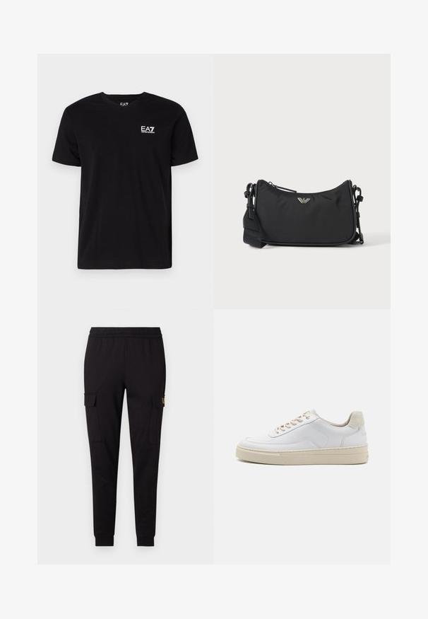 T-shirt en coton noir avec un col en V et des manches courtes. Présente un logo EA7 blanc sur la poitrine gauche. Texture lisse, coupe standard.; Pantalons de jogging noirs en tissu doux, présentant une coupe fuselée et deux poches cargo latérales avec un logo discret sur une poche.; Sneaker blanche avec un dessus en cuir lisse, des lacets beige et un onglet de talon en daim beige texturé. Semelle surélevée pour une hauteur supplémentaire.; Sac bandoulière rectangulaire noir avec emblème du logo de la marque argenté et sangle réglable sur fond clair.