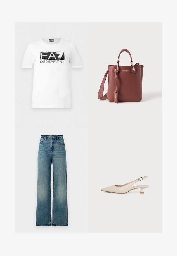 Valge lühikeste varrukatega T-särk, millel on must-valge litritega „EA7” logo ja allosas rinnal tekst „Emporio Armani”.; Heledad sinine denim lai jalgadega teksad, millel on kõrge vöökoht, viis taskut ja kergelt kulunud servad, näidates tekstuuri ja pleekinud viimistlust.; Beež terava ninaga slingback-king madala kiisukand ja reguleeritava külgmise pannalaga, taustaks ühevärviline valge pind.; Pruun nahast käekott ülalt käepidemetega, eemaldatava õlarihmaga ja hõbedase tooniga metallosadega, millel on brändinimi „Emporio Armani”.