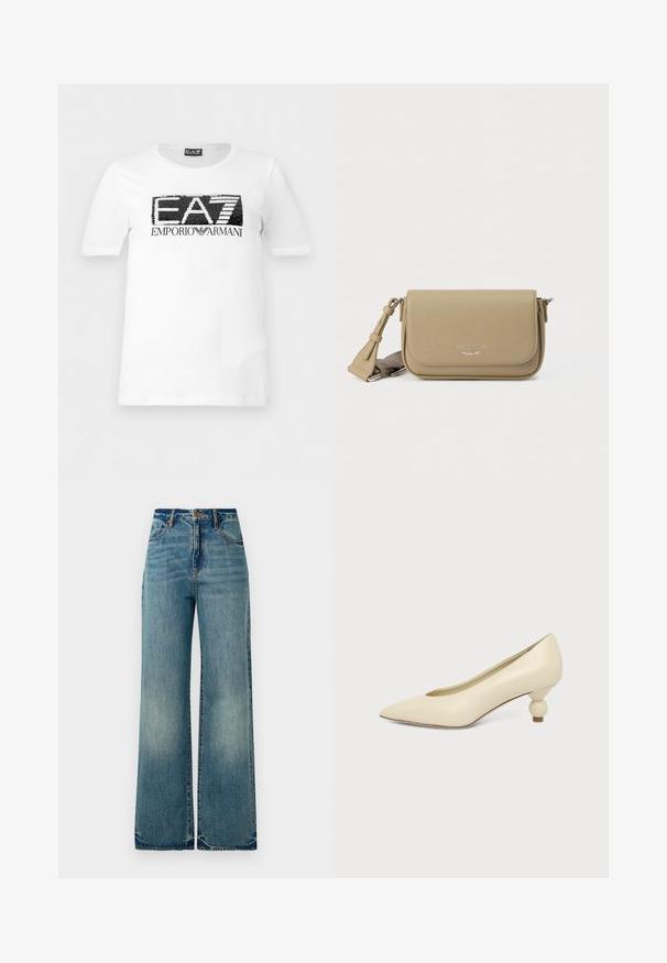 Biele tričko s krátkym rukávom, s čiernym a bielym flitrovým logom "EA7" a nápisom "Emporio Armani" pod ním na hrudi.; Svetlomodré dámske džínsy širokého strihu majú vysoký pás, päť vreciek a mierne rozstrapkané konce, pričom predvádzajú textúrovaný, vyblednutý vzhľad.; Dámska topánka krémovej farby s ihličkovou špičkou a nízkym, guľatým guľovitým podpätkom na jednofarebnom pozadí.; Kožená taška cez rameno v khaki farbe s textúrovaným povrchom, uzáverom na klapku, strieborným logom a nastaviteľným popruhom. Kompaktný obdĺžnikový tvar.