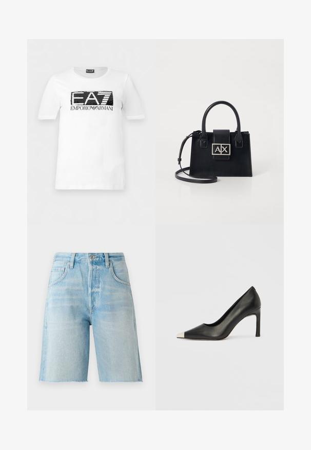 Λευκό κοντομάνικο T-shirt με μαύρο και λευκό παγιετένιο λογότυπο "EA7" και το κείμενο "Emporio Armani" κάτω από το στήθος.; Ανοιχτό μπλε τζιν σορτς με ψηλή μέση, πέντε τσέπες και ακατέργαστο στρίφωμα. Μαλακή υφή και κλασική γραμμή, κατάλληλο για καθημερινή χρήση.; Μαύρο δερμάτινο γυναικείο παπούτσι με ψηλό τακούνι, μυτερή μύτη και μεταλλική ασημί μύτη. Διαθέτει λείο φινίρισμα και λεπτό τακούνι 10 εκ.; Μαύρη δερμάτινη τσάντα με δομημένο σχεδιασμό, άνω λαβές και αφαιρούμενο λουρί χεριού. Διαθέτει μεταλλική ταμπέλα με ασημί απόχρωση και λεία υφή.