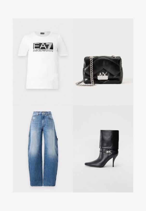 Biele tričko s krátkym rukávom, s čiernym a bielym flitrovým logom "EA7" a nápisom "Emporio Armani" pod ním na hrudi.; Svietlomodré široké džínsy vyrobené z denimu. Majú vysoký pás, mierne vyblednutie, veľké bočné vrecká a kontrastné švy.; Čierna kožená členková topánka s špicatou špičkou, vysokým ihlovým podpätkom, prehnutým manžetom a zlatým dekoratívnym sponou na členku.; Čierna prešívaná kožená kabelka cez rameno so strieborným reťazovým popruhom a strieborným logom Armani Exchange AX na prednej strane.