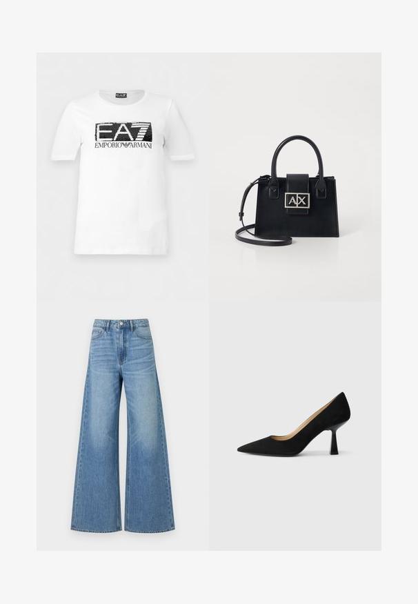 Λευκό κοντομάνικο T-shirt με μαύρο και λευκό παγιετένιο λογότυπο "EA7" και το κείμενο "Emporio Armani" κάτω από το στήθος.; Τζιν παντελόνι με ψηλή μέση, ανοιχτό μπλε χρώμα, φαρδιά μπατζάκια, κλείσιμο με κουμπί και φερμουάρ, μπροστινές τσέπες και διακριτική αποχρωματισμό στους μηρούς.; Μαύρη σουέτ γόβα με ψηλό τακούνι και μυτερή μύτη, που διαθέτει γυαλιστερό μαύρο μπλοκ τακούνι και μαλακή εσωτερική επένδυση.; Μαύρη δερμάτινη τσάντα με δομημένο σχεδιασμό, άνω λαβές και αφαιρούμενο λουρί χεριού. Διαθέτει μεταλλική ταμπέλα με ασημί απόχρωση και λεία υφή.