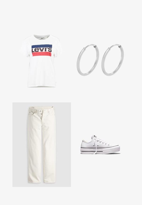 Weißes Baumwoll-T-Shirt mit kurzen Ärmeln und Rundhalsausschnitt, das ein zentrales Logo-Design von Levi's in Blau, Rot und Schwarz zeigt.; Weiße, hoch taillierte Jeans mit geradem Bein, Knopfleiste, Vorder- und Gesäßtaschen sowie sichtbaren Kupfernieten an den Taschenecken.; Weißer Sneaker aus Segeltuch mit niedrigem Schnitt, weißen Schnürsenkeln, Gummisohle, schwarzen Streifendetails und Logopatch auf der Zunge und Ferse.; Silberne Creolen, kreisförmig, mit glatter, glänzender Oberfläche und gleichbleibender Breite. Minimalistisches Design ohne zusätzliche Akzente.