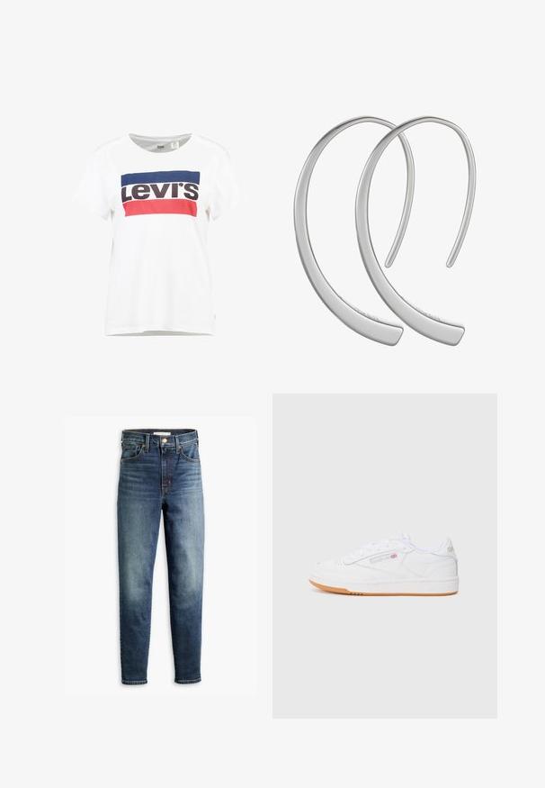 Camiseta de algodón blanca con mangas cortas y cuello redondo, que presenta un diseño central del logo de Levi's en azul, rojo y negro.; Jeans mom de denim azul de cintura alta con bolsillos frontales, remaches de cobre, cierre de botón y textura deslavada en los muslos y las rodillas.; Zapatillas de cuero blancas con un diseño de corte bajo, que presentan una suela de goma blanca texturizada y una suela exterior de goma marrón. Acentos de logo sutiles presentes.; Pendientes de aro de metal plateado con una superficie lisa y brillante, en forma de media luna, que presentan un diseño minimalista y sin patrones visibles.