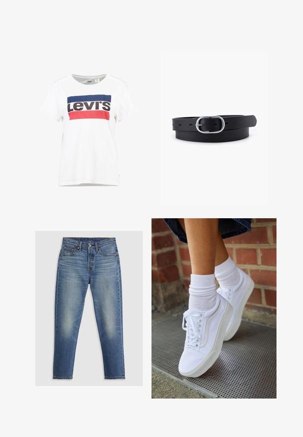 Hvid bomulds t-shirt med korte ærmer og rund hals, med et centralt blå, rød og sort Levi's logo design.; Lyseblå denim jeans med lige pasform, fem lommer, knaplukning og diskret falming på lårene. Kontraststing er synlige.; Hvide lærreds sneakers med gummisåler, der har seks snørehuller, rund tå og let sømdetaljer, krydret med hvide ankelstrømper.; Sort læderbælte med en glat overflade, oval sølvmetalspænde og flere justeringshuller langs stroppen. Flad, minimalistisk design.