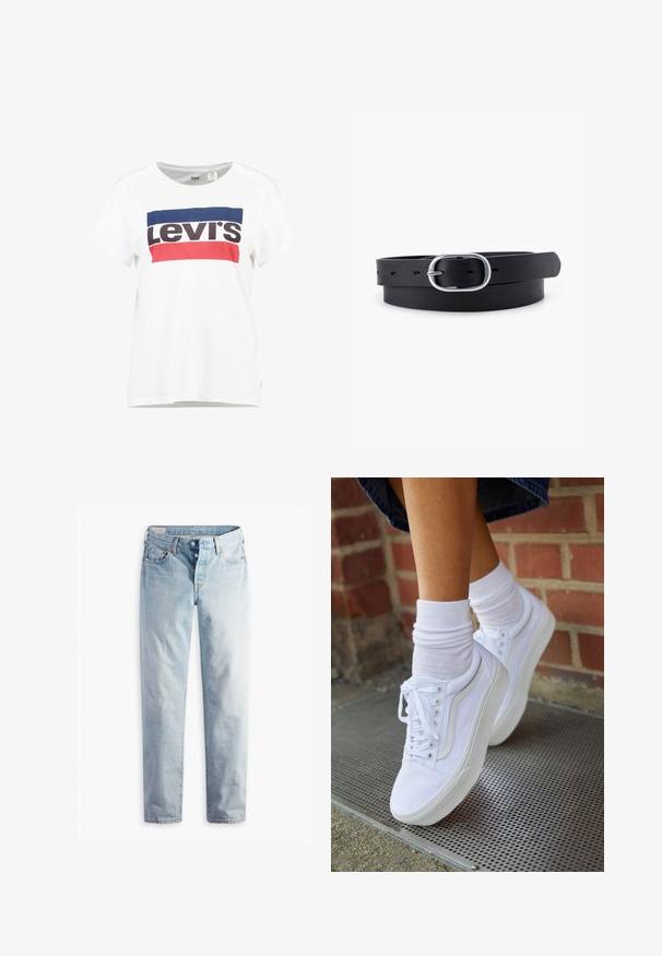 Hvid bomulds t-shirt med korte ærmer og rund hals, med et centralt blå, rød og sort Levi's logo design.; Lyseblå denimjeans med lige ben, fem lommer og metal-knapper i en standard livvidde.; Hvide lærreds sneakers med gummisåler, der har seks snørehuller, rund tå og let sømdetaljer, krydret med hvide ankelstrømper.; Sort læderbælte med en glat overflade, oval sølvmetalspænde og flere justeringshuller langs stroppen. Flad, minimalistisk design.