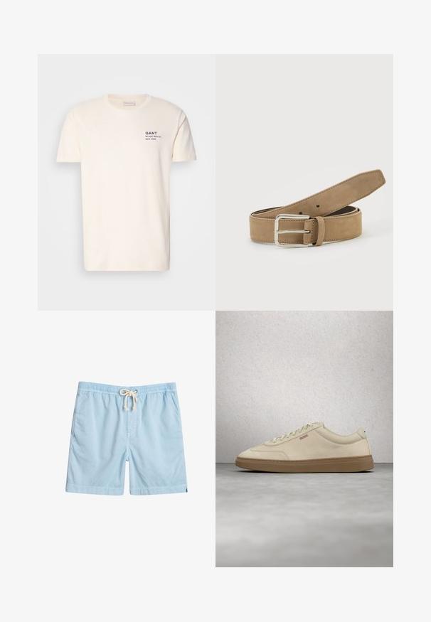 Camiseta de algodón color crema con cuello redondo, mangas cortas y un pequeño estampado en navy en el pecho que dice "GANT 32 EAST 39TH ST. NEW YORK."; Bañador azul claro de tejido suave, con cintura elástica, bolsillos frontales y cordón de ajuste para mayor comodidad.; Zapatilla de ante beige claro con suela de goma color caramelo, cordones prominentes y detalles de costura sutiles. Diseño limpio con una estética minimalista.; Cinturón de ante marrón claro con hebilla de metal plateado, enrollado y colocado sobre una superficie blanca.