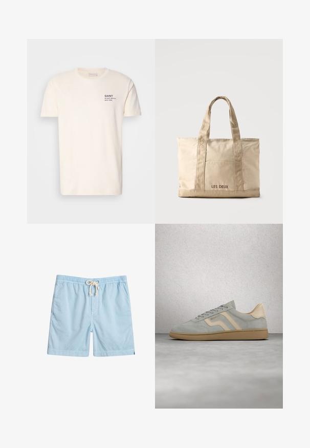 Crème-kleurige katoenen t-shirt met een ronde hals, korte mouwen en een kleine marineblauwe opdruk op de borst met de tekst "GANT 32 EAST 39TH ST. NEW YORK."; Lichtblauwe zwemshorts van zachte stof, voorzien van een elastische tailleband, zijzakken en een trekkoord voor verstelbaarheid.; Lichtgrijze suède sneaker met beige accenten en gumzool, zwevend boven een gepolijste betonvloer bij een glazen blokwand.; Beige canvas tas met twee handvatten en een voorvak, "LES DEUX" geborduurd op het vak.