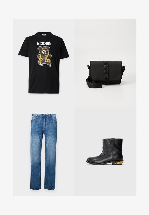 Sort Moschino T-shirt med en bamse grafik indhyllet i gul målebånd og mærkenavnet trykt ovenover.; Blå denim jeans med lige fit, der har fem lommer, bæltestropper og subtilt slid på stoffet.; Sort læder ankelstøvle med en glat overflade, rund tå og et guldfarvet hvalmotiv på hælen. Minimalistisk design.; Sort nylon crossbody taske med en klap, prydet med en fremtrædende logo-rem lukning, justerbar rem og sidelægninger.