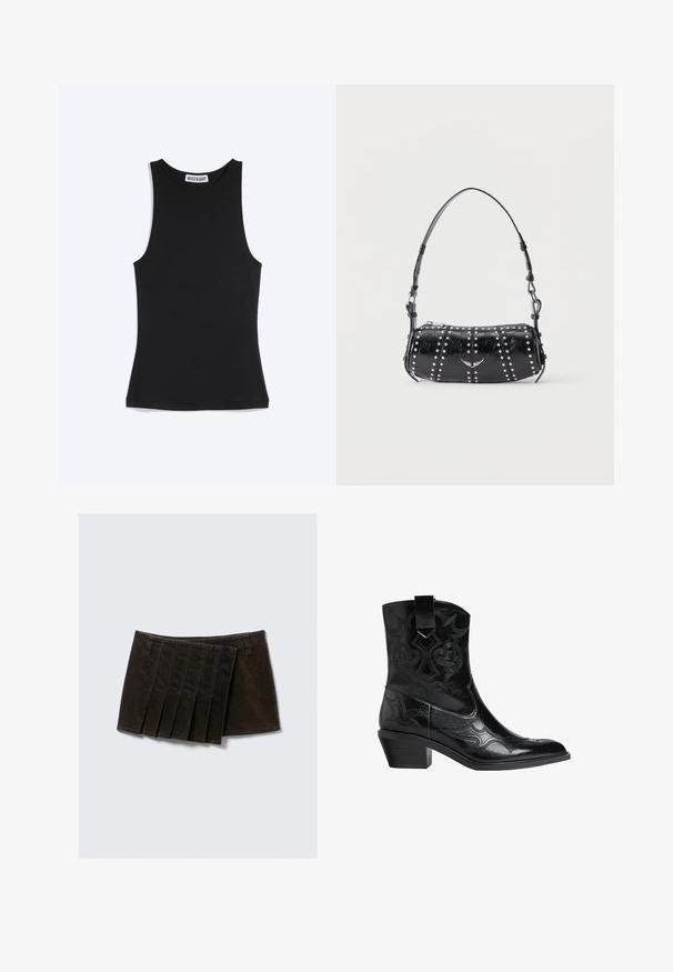 Sort ærmeløs tætsiddende top med rund halsudskæring og Weekday-brandlabel bag på kraven, på hvid baggrund.; Sort denim nederdel med en plisseret design, der har fem lodrette folder, en talje og en glat tekstur. Ingen yderligere hardware synlig.; Sort læder cowboystøvle med spids tå, dekorativ syning og lav blokhæl. Har et pull tab for nem påtagning.; Sort skuldertaske i laklæder med sølvnitter i lodrette rækker og et lille sølvfugleemblem midt på fronten.