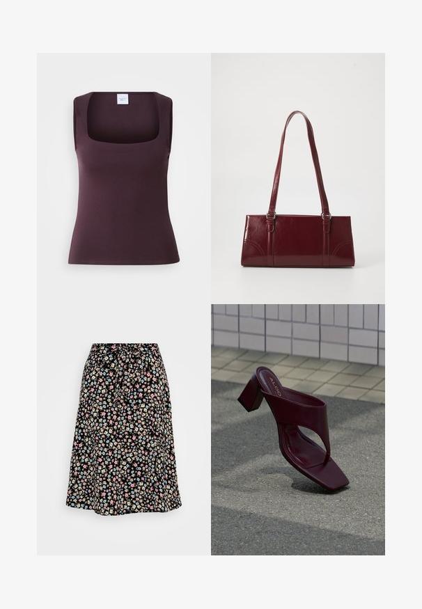 Top sin mangas en púrpura oscuro, con escote cuadrado y forma ajustada, fabricado en un material liso y elástico con un diseño sencillo.; Falda midi floral con fondo negro, adornada con pequeñas flores en tonos rosa, azul y beige. Cintura elástica con un detalle de lazo, diseño fluido.; Sandalia de tacón alto de color rojo oscuro con puntera cuadrada y tira ancha, situada sobre un fondo de superficie de baldosas y asfalto.; Bolso burdeos hecho de material brillante, de forma rectangular, con dos asas para el hombro y sutiles acentos curvados en la parte frontal.