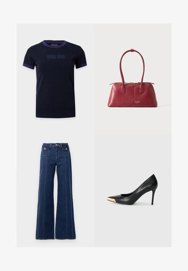 Marineblauw T-shirt met korte mouwen en paarse bies aan kraag en mouwen, met de tekst "EMPORIO ARMANI" in bijpassend marineblauw op de voorkant.; Donkerblauwe wijde jeans van denim. Bevat vier zakken, grote stikdetails en een hoge tailleontwerp. Klassieke knoopsluiting.; Zwarte leren hoge hak pump met een spitse neus; heeft een metallic gouden accent op de neuskap. Glad oppervlak met een stijlvolle vormgeving.; Rode leren handtas met dubbele lusgrepen, een ritssluiting aan de bovenkant en kleine zilveren logotekst aan de voorkant in het midden.