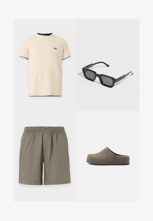 Beige kortærmet ribbet t-shirt med sort kant på krave og ærmekanter samt et lille brunt rektangulært logo på brystet.; Khaki shorts i letvægtsstof med elastisk talje og knaplukning. Har et lige ben design og optrukket kant.; Brun slip-on clog i ruskind med lukket tå, polstret sål og lav hælkappe, designet til afslappet indendørs og udendørs brug.; Sorte rektangulære solbriller med tykke stel og mørke, tonede linser, vinklet på en hvid baggrund.