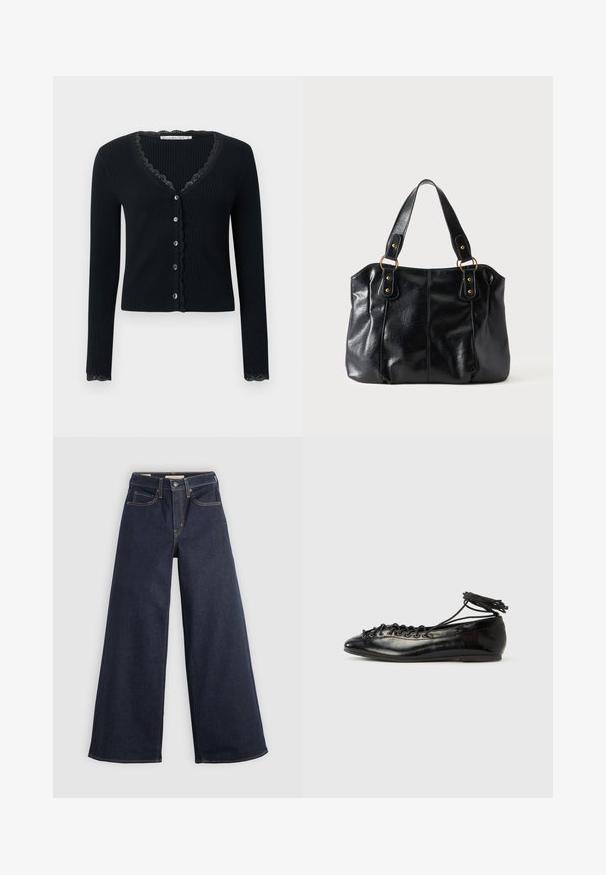 Sort ribstrikket cardigan med lange ærmer, der har en V-udskæring og blondekant langs udskæringen og manchetterne. Lukning foran med seks knapper.; Bredde ben denim jeans i mørkeblå med kontrastsyninger. Har det traditionelle fem-lomme design og en knaplukning ved taljen.; Sorte balletflade sko i laklæder med rundet tå, snørelukning og flad sål. Glat tekstur med få detaljer.; Sort læder skuldertaske med dobbelte stropper fastgjort med gyldne ringe og nitter, glat og let skinnende overflade, enkelt design.