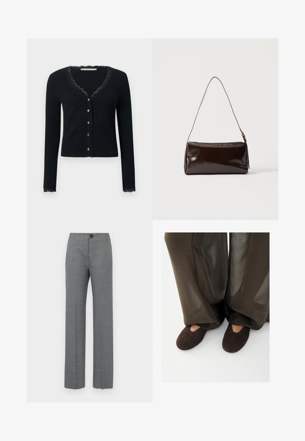 Schwarzer, gerippter Cardigan mit langen Ärmeln, ausgestattet mit einem V-Ausschnitt und Spitzenbesatz entlang des Ausschnitts und der Bündchen. Sechs Knöpfe vorne zum Schließen.; Graue maßgeschneiderte Hosen mit geradem Bein, ausgestattet mit einem Knopfverschluss, Seitentaschen und einem glatten, strukturierten Stoff.; Person, die dunkelbraune Wildlederschlappen mit einer kleinen Aussparung trägt, kombiniert mit weiten, halbtransparenten dunkelbraunen Hosen, die die Knöchel bedecken.; Dunkelbraune rechteckige Lederschultertasche mit einem einzelnen dünnen Riemen und goldfarbener Schnalle vor einfarbigem Hintergrund.
