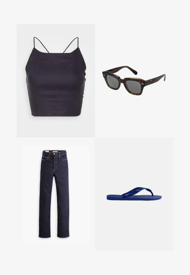 Gestuz MALOU - Top - seaborne; Jeans de mezclilla rectos de color azul oscuro con cinco bolsillos y costuras naranjas visibles sobre un fondo blanco.; Sandalia flip-flop azul única con suela texturizada y tiras en forma de Y, mostrada de lado sobre un fondo blanco liso.; Gafas de sol rectangulares con montura de plástico de carey, lentes oscuros y acentos plateados en los laterales. Hechas en Italia.