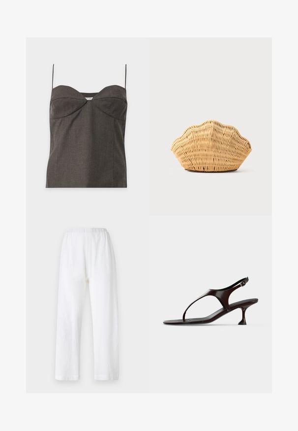 Haut bustier gris foncé sans bretelles avec fines bretelles spaghetti et détails subtils de coutures sur fond blanc.; Pantalons blancs amples avec une taille élastique, fabriqués en tissu texturé. Design à jambe droite avec des ourlets simples.; Sandale slingback en cuir verni marron foncé avec petit talon et bride entre les orteils sur fond blanc.; Sac à main en rotin tissé en forme de coquille Saint-Jacques de couleur brun clair naturel avec des bords arrondis et texturés.