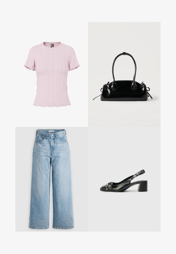 Top de punto rosa claro de manga corta con costillas, borde con ondas en las mangas y el dobladillo, escote redondo y un sutil patrón vertical.; Vaqueros de pierna ancha de color azul claro con una cintura alta, confeccionados en tejido de denimbre. Presentan un diseño clásico de cinco bolsillos y herrajes metálicos.; Tacón slingback de cuero negro con punta afilada, correa texturizada con acentos metálicos circulares y tacón cuadrado apilado.; Pequeño bolso negro brillante con dos asas largas y detalles de cordón lateral sobre un fondo claro liso.