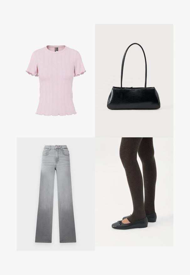 Top de punto rosa claro de manga corta con costillas, borde con ondas en las mangas y el dobladillo, escote redondo y un sutil patrón vertical.; Jeans grises con un efecto ombré descolorido, diseño de cintura alta, estilo clásico de cinco bolsillos y piernas rectas y anchas hechas de tela de mezclilla.; Piernas con leggings oscuros acanalados combinados con bailarinas negras que presentan pequeños detalles de lazo sobre un fondo blanco.; Bolso de hombro rectangular negro con correas largas y delgadas y una textura lisa y brillante sobre un fondo liso.