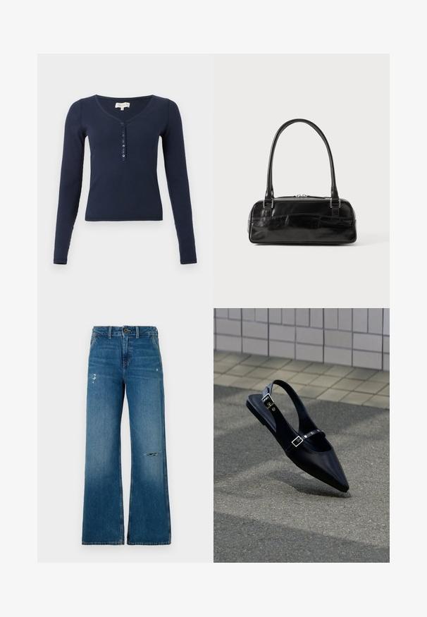 Chemise bleu marine côtelée à manches longues avec un col en V et une patte de boutonnage à quatre boutons sur fond blanc.; Jean en denim bleu à jambes larges avec une texture délavée, présentant deux zones usées sur le devant, une fermeture à bouton et un design à cinq poches.; Mocassin noir à bout pointu et bride arrière, avec double boucle, posé sur un asphalt gris près d'un mur carrelé en arrière-plan.; Sac à main en cuir noir de forme rectangulaire, doté d'une seule ansse structurée, de quincaillerie argentée et d'une fermeture éclair. Texture lisse.