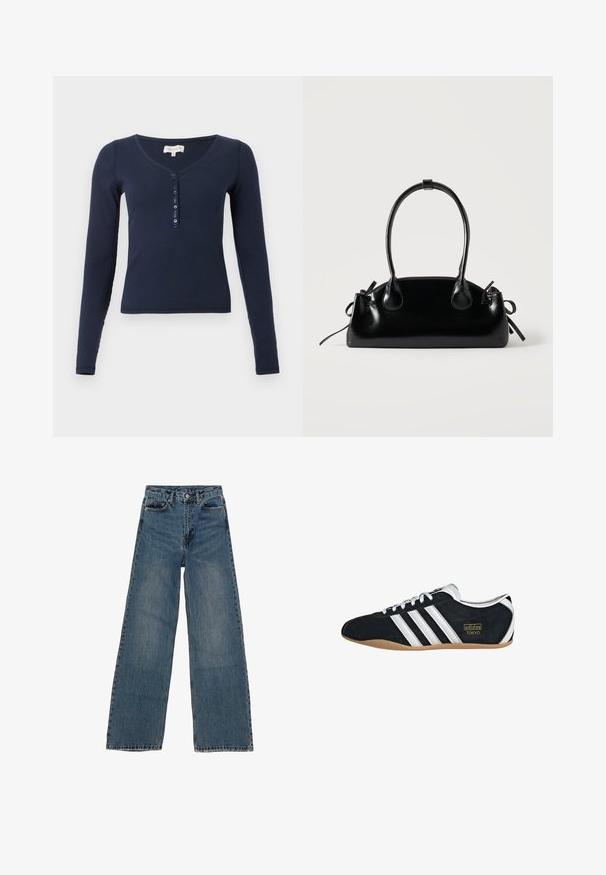 Marineblauw geribd shirt met lange mouwen, V-hals en vierknopsbies aan de voorkant tegen een witte achtergrond.; Blauwe denim wijd uitgesneden jeans met een hoge taille, vijf zakken en contrasterende stiksels. Vervagingen en lichte slijtage zichtbaar op de stof.; Zwarte suède sneaker met witte drie strepen, gouden logo en een bruine rubberen zool. Heeft een laag profiel vetersluiting ontwerp.; Kleine zwarte glanzende handtas met twee lange hengsels en zijkant trekkoord details op een effen lichte achtergrond.