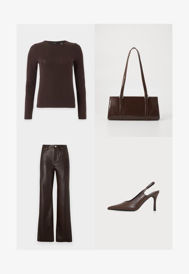 Camiseta ajustada de manga larga y cuello redondo de color marrón oscuro, mostrada extendida sobre un fondo liso y claro.; Vero Moda Wide-leg VMTESSA High rise - Pantalones - chocolate torte; Zapato marrón de cuero con punta puntiaguda y talón alto tipo slingback con tacón de aguja delgado sobre fondo claro liso.; Bolso de mano de piel sintética marrón con forma rectangular, dos asas largas y sutiles acentos curvados en la parte delantera.