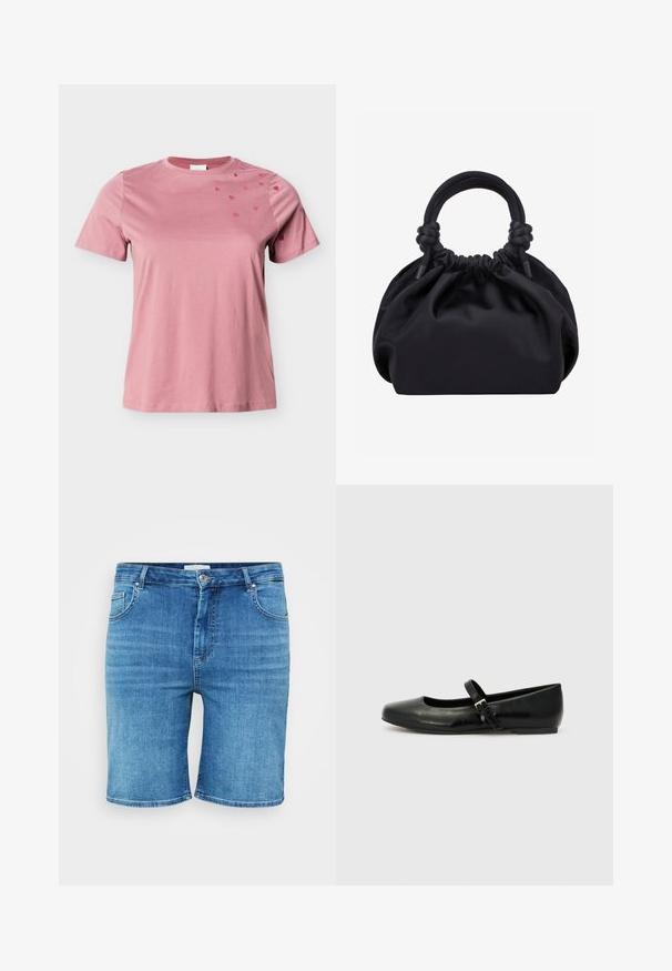 Weiches, rosa T-Shirt mit kurzen Ärmeln, rundem Ausschnitt und kleinen, dunkleren rosa Herzmotiven, die auf der rechten Schulter und dem Ärmel verteilt sind.; Jeansshorts in Mittelblau, mit geradem Schnitt, Fünf-Taschen-Design und Knopfverschluss. Weicher Stoff, saubere, gesäumte Kanten.; Schwarze Leder-Ballerinas mit einer runden Spitze, einer flachen Sohle und einem dünnen, verstellbaren Riemen über dem Spann mit einer Metallschnalle.; Schwarze weiche Stoffhandtasche mit gerafftem oberen Rand und runden, gepolsterten Griffen, die auf jeder Seite mit Knoten gebunden sind.