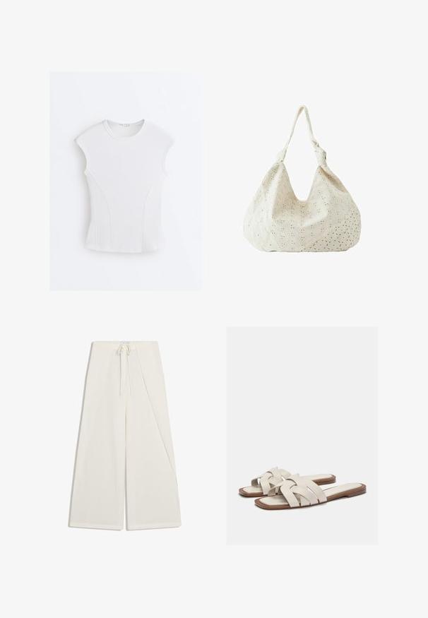 Haut sans manches blanc côtelé avec encolure ronde et détails de coutures courbes sur un fond blanc uni.; Pantalon blanc à jambes larges avec un rabat asymétrique à l'avant et une taille à cordon.; Sandales à glissière beige clair avec des brides tissées, présentant une semelle plate et un design minimaliste. Texture lisse avec des accents de contraste de couleur subtils.; Sac à épaule en tissu couleur crème avec broderie florale à œillets et une seule bandoulière souple.