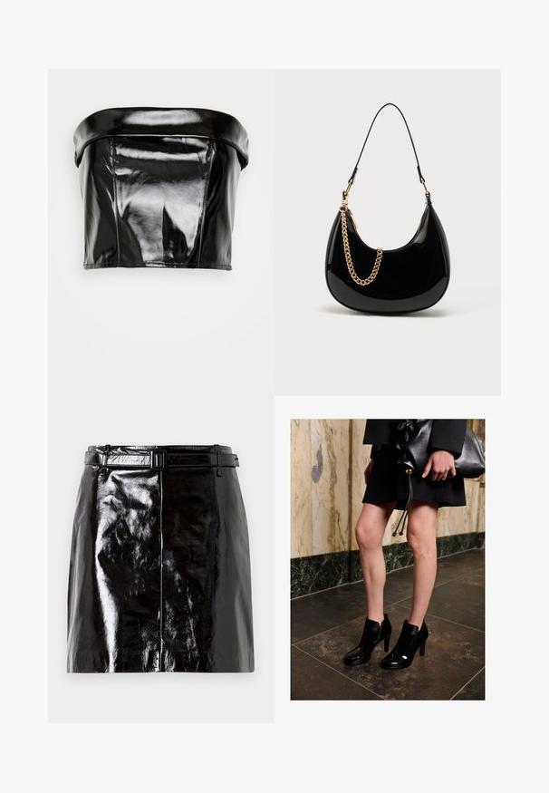 Gina Tricot TUBE - Top - black; Sort, blank læder mini-nederdel med en matchende bælte og centralt sømdetalje.; Kvinde iført sorte ankelstøvler og en sort nederdel, der holder en stor sort læder clutch, står på en mørk flisebelagt gulv nær en marmormur.; Sort håndtaske i laklæder med en buet form, tynd skulderrem og en guldkæde som dekorativ detalje foran. Glat tekstur, minimalistisk design.